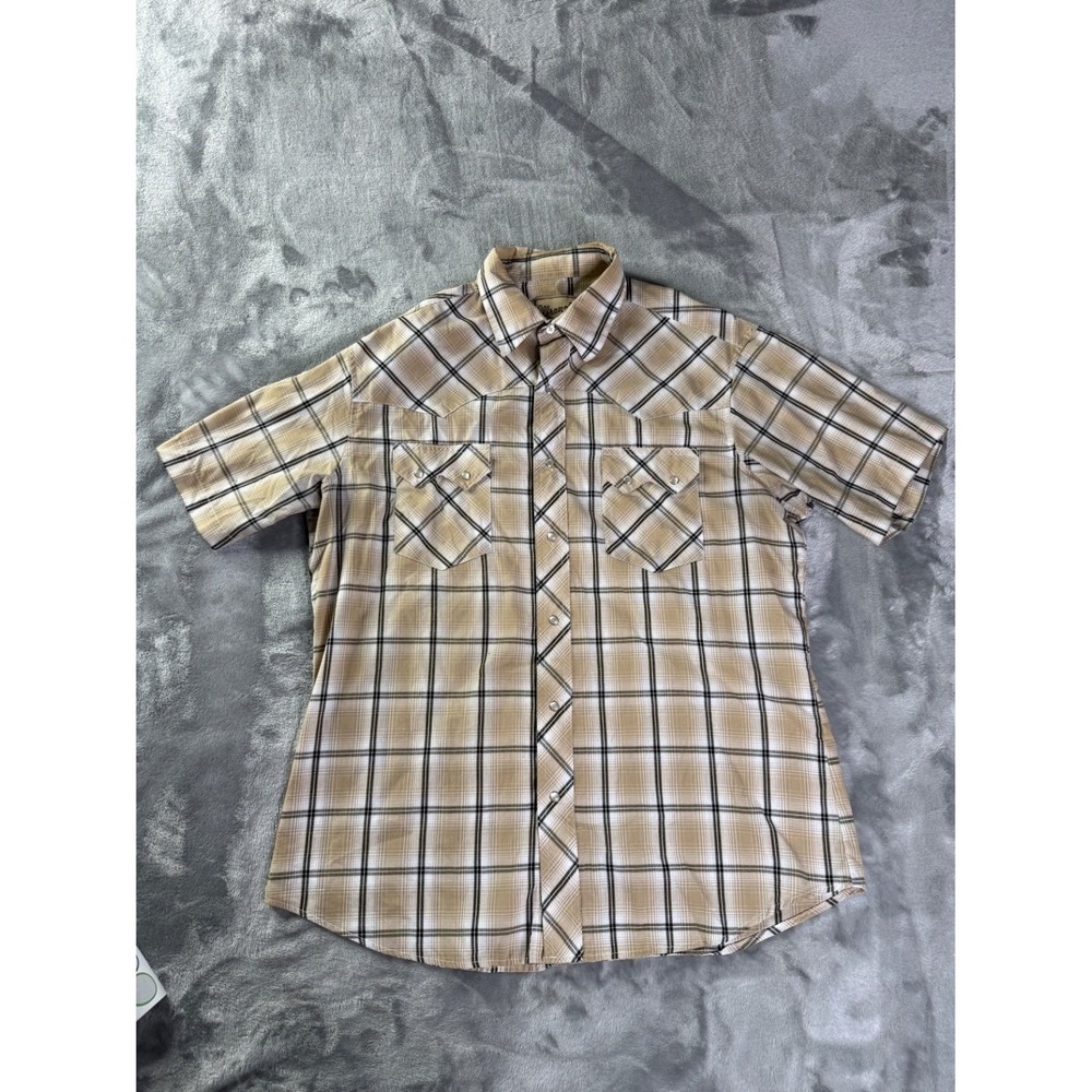 Wrangler Short Sleeve Pearl Snap Western Shirt Fashion Shirts Mens L Beige Plaid